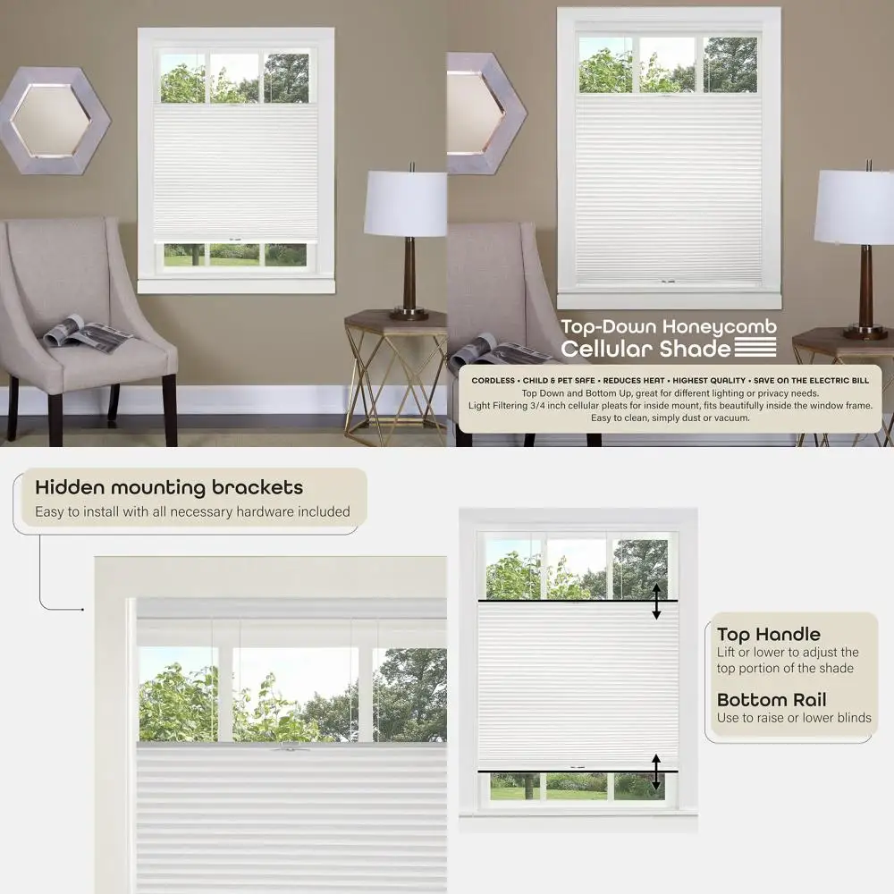 

Штора-плиссе для окна, белая, 39 дюймов в ширину x 64 дюйма в длину, с управлением сверху/снизу, из сотовой ткани.