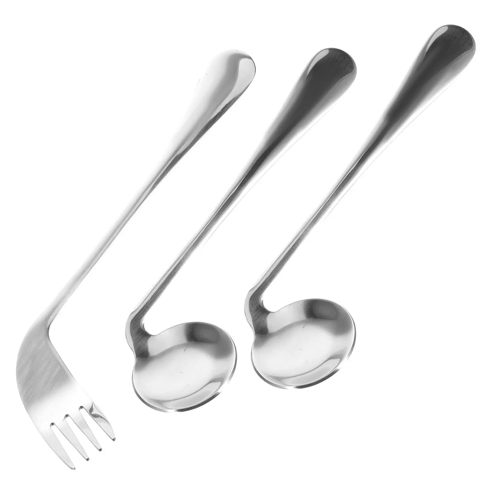 1Set Easy Use Angled Spoon Fork Set Metal Tableware Curved Design for Disabled Senior Patients Bed Feeding Assistance Tool