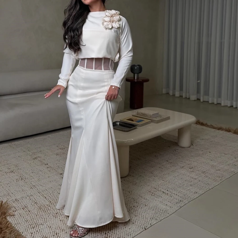 Customized A-line Evening Dresses Floor-length High-neck Full Sleeve Prom Gown Fashion Beading Flowers Simple Draped Party Gown