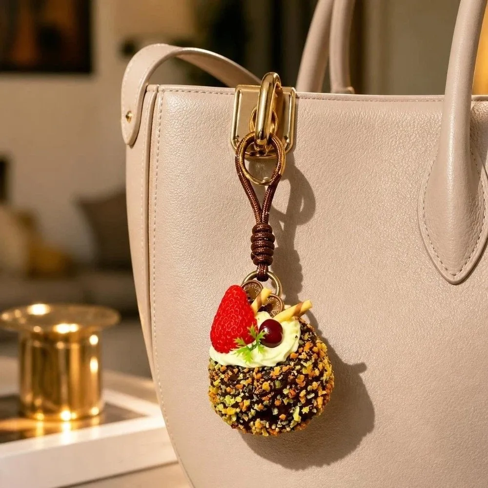 Keyring Realistic Simulation Cake Keychain Strawberry Chocolate Fruit Mousse Cake Pendant Decoration Cream Cake Hanging Gift