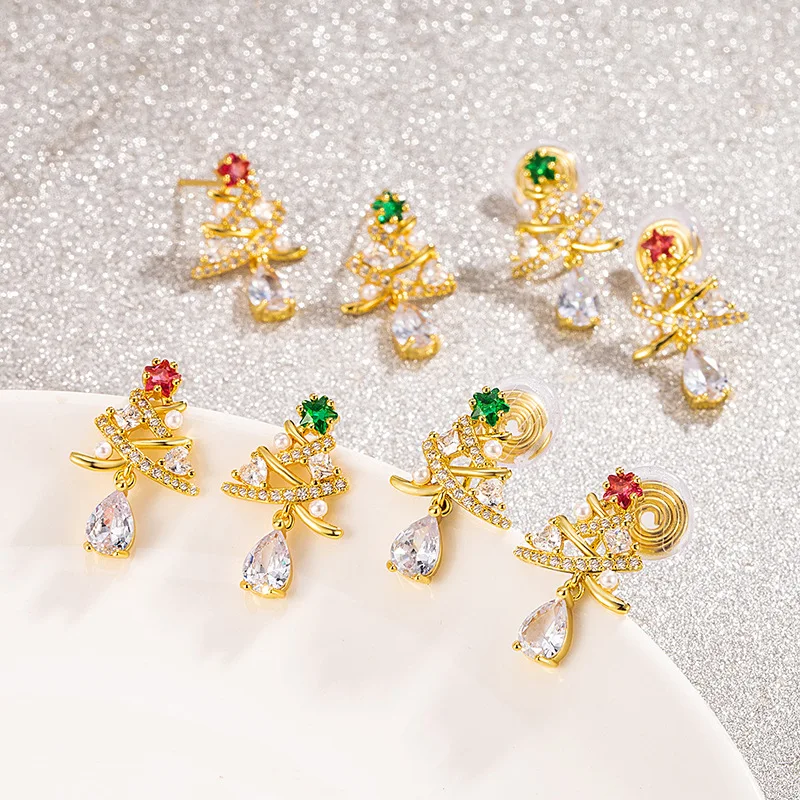 

Zircon Christmas tree earrings, red and green Christmas tree earrings, New Year aesthetic tassel earrings are jewelry gifts for