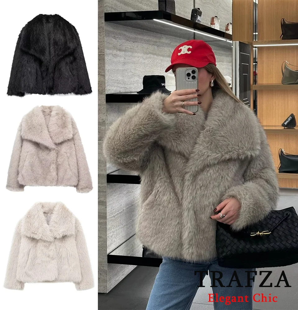 TRAFZA Women Winter Faux Fur Coat Jacket Big Lapel Coat New 2024 Autumn Winter Fashion Slouchy Elegant Coat