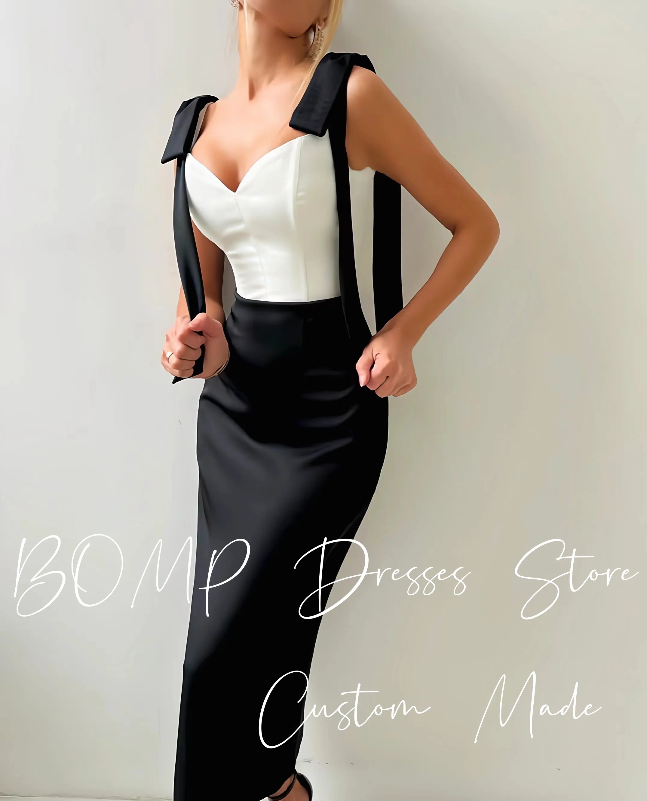 BOMP – robe de soirée moderne contrastée, avec nœud en cœur, bretelles Spaghetti, droite, longueur cheville, en Satin, robes de soirée formelles personnalisées