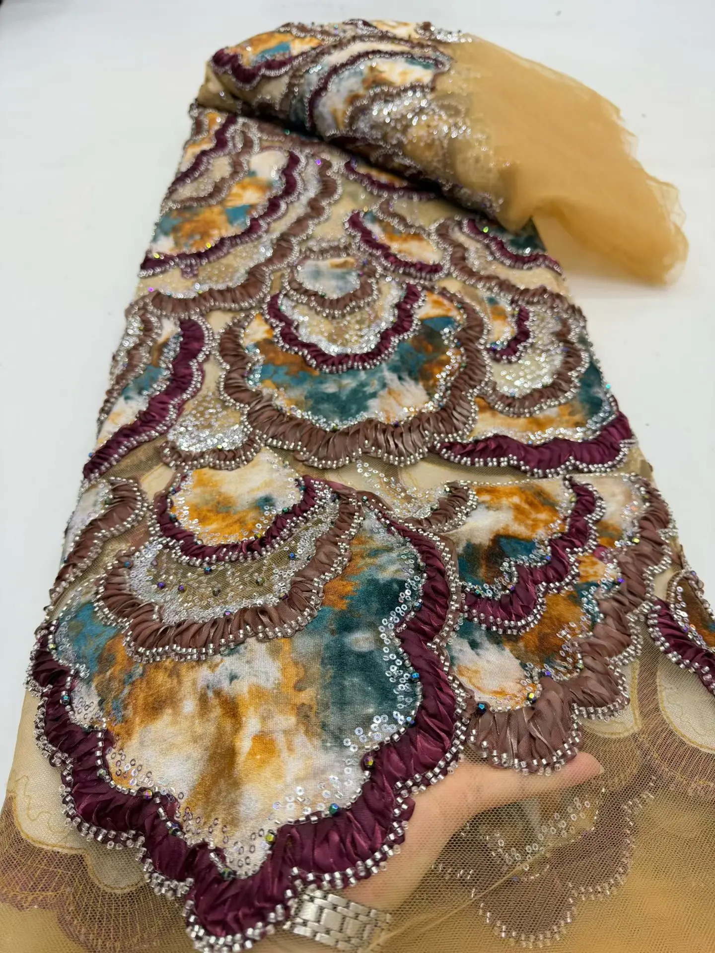 

Latest 2026 High-Quality African Nigerian With Tulle Sewing Lace Fabric Guipure Embroidery Beads Dresses Sequins 5 Yards DP0508