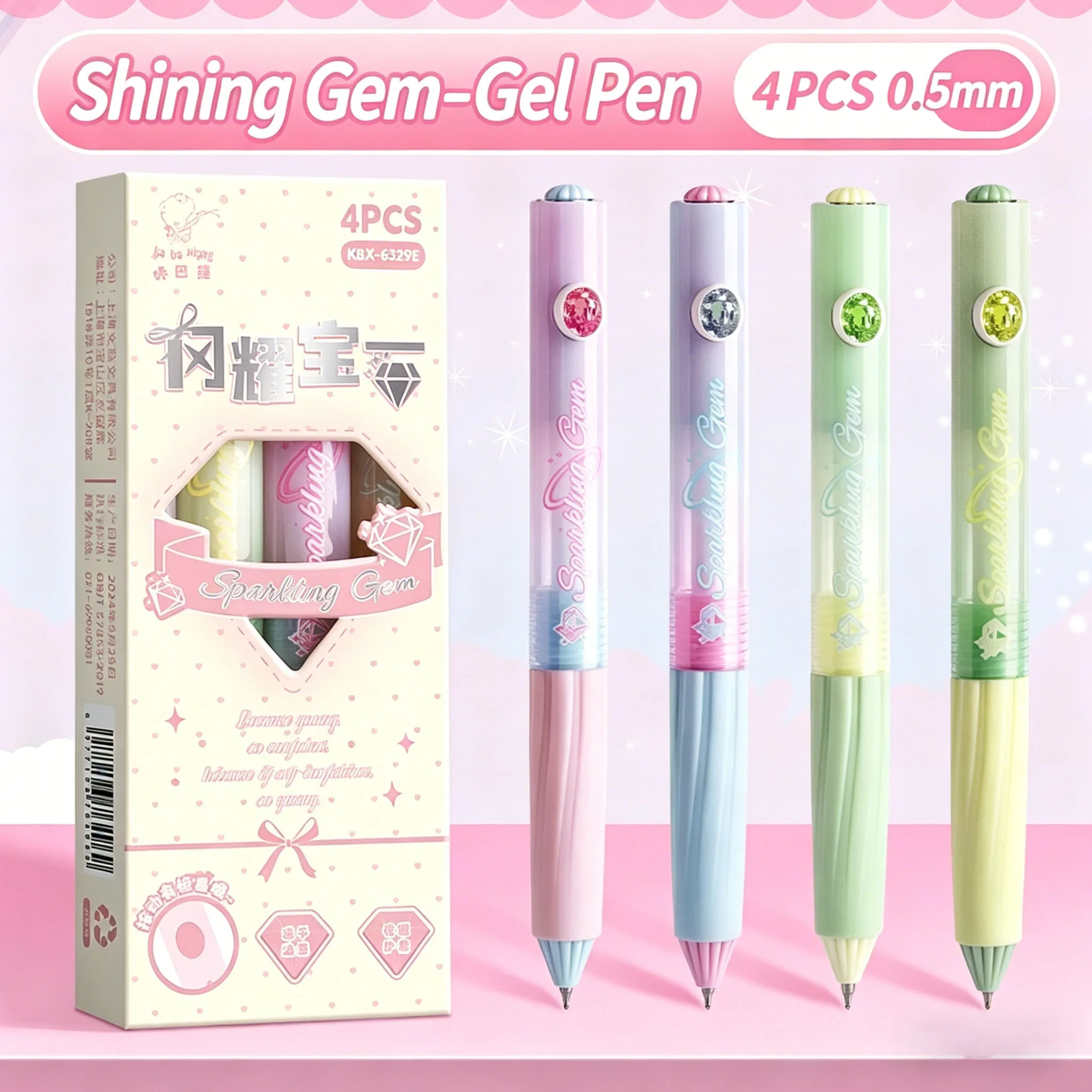 4Pcs Sparkling Gem Retractable Gel Pens, 0.5mm Black Ink Cute Diamond Decor Neutral Pen, Macaron Color Aesthetic Stationery for