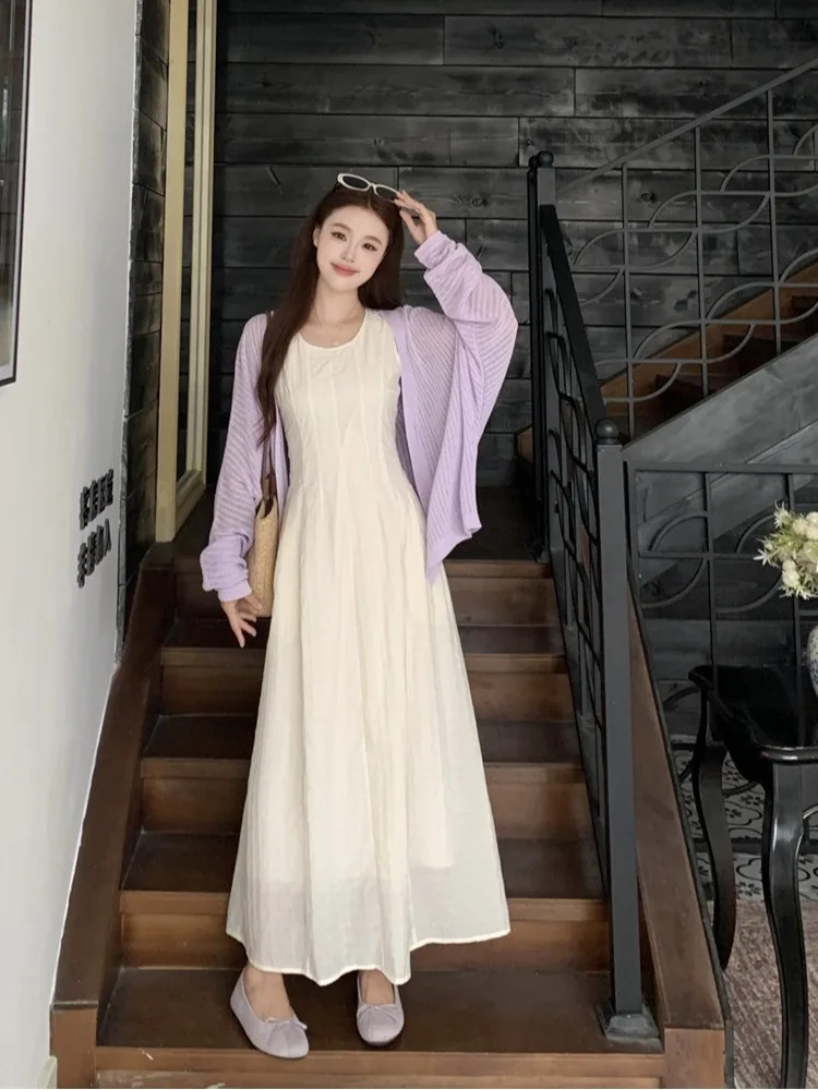 

plus Size Fashionable Two-Piece Set Summer New Long Sleeve Sun Protection Top Waist Cinching Slimming Strap Dress