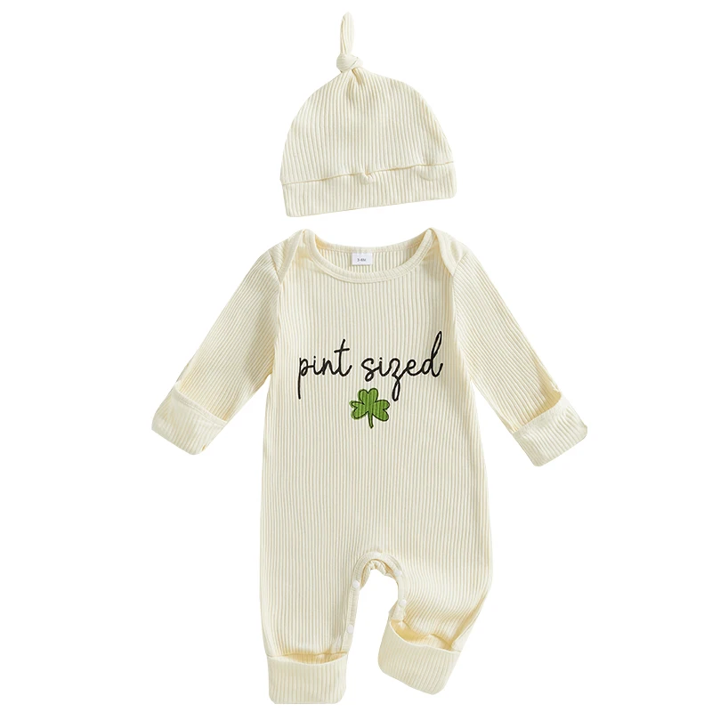 Baby Boy Girl St Patricks Day Outfits Ribbed Shamrock Print Long Sleeve Jumpsuit Hat Newborn Coming Home Outfits