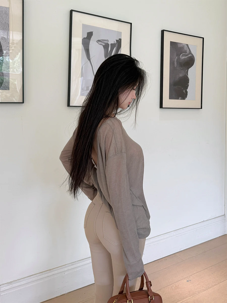 

Новинка! Женский топ Matou Design Sensual Bal Knot с длинным рукавом, летний, цвета светло-хаки, сексуальный, подчеркивающий фигуру, футболка.