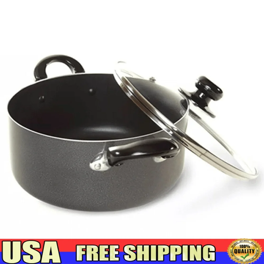 

6Qt Non-Stick Aluminum Dutch Oven with Glass Lid Heat Resistant Handles Dishwasher Safe Cooking Utensil Kitchen Essential D601S
