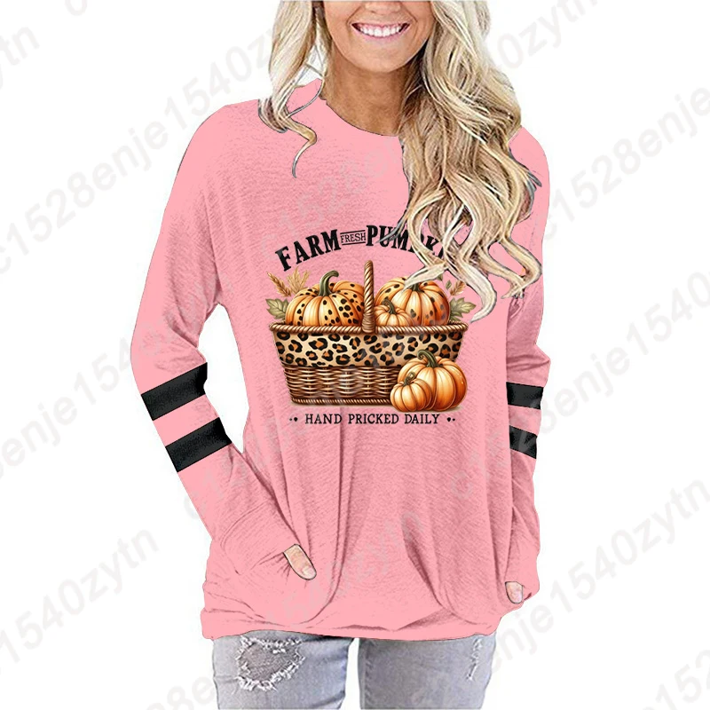 Autumn Winter Fall Farm Fresh Pumpkin Hand Pricked Daily Plus Size Clothes Women T-Shirt Pullover Sweatshirt Long Sleeve T-shirt