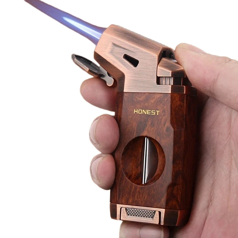 Handheld spray gun lighter, multifunctional 2-in-1 V-shaped cigar cutter, visible air compartment, metal inflatable lighter