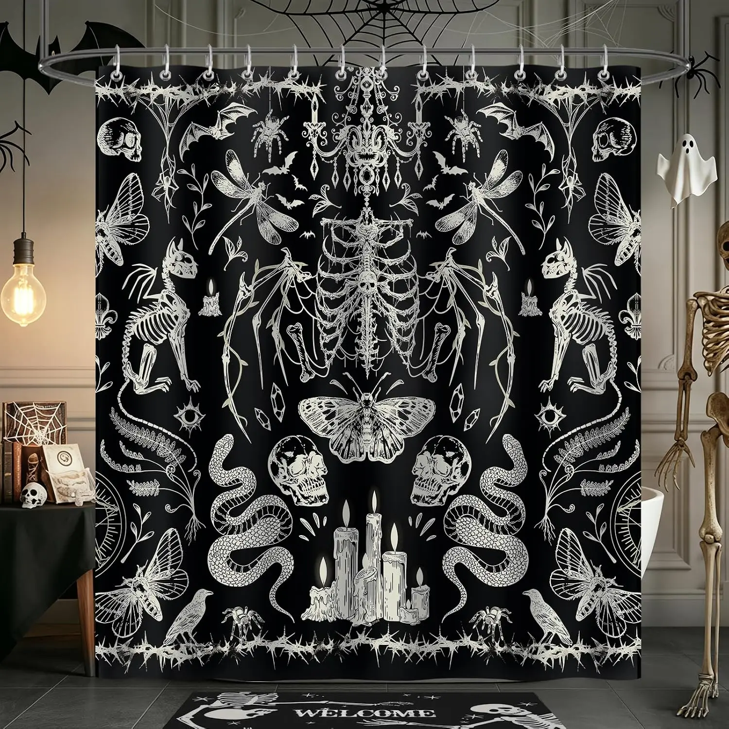 Gothic Halloween Skeleton Skull Shower Curtain, Snake Moth Bat Print Waterproof Bath Curtain With Hooks For Spooky Bath