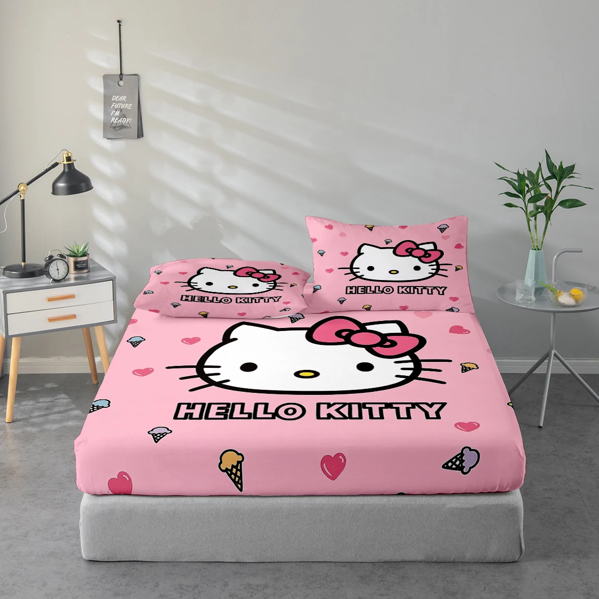 Juego de sábanas de 3 piezas con estampado digital de alta definición, juego de sábanas con estampado floral grande de Hello Kitty, incluye 1 sábana ajustable + 1/2 funda de almohada, adecuado para dormitorio, habitación de invitados, decoración del hogar