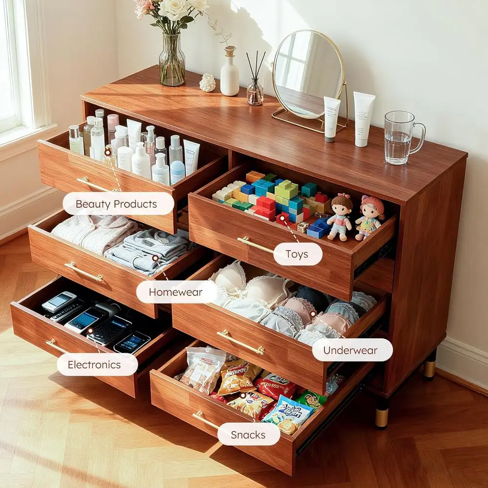 Komoda do sypialni z 6 szufladami z drewna orzechowego z wbudowanym organizerem, idealna na ubrania i niezbędne akcesoria do salonu