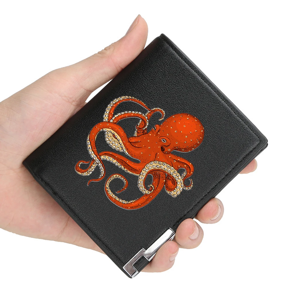 

New Arrivals fashion Red octopus Printing Pu Leather Wallet Men Women Billfold Credit Card Holders Short Purses