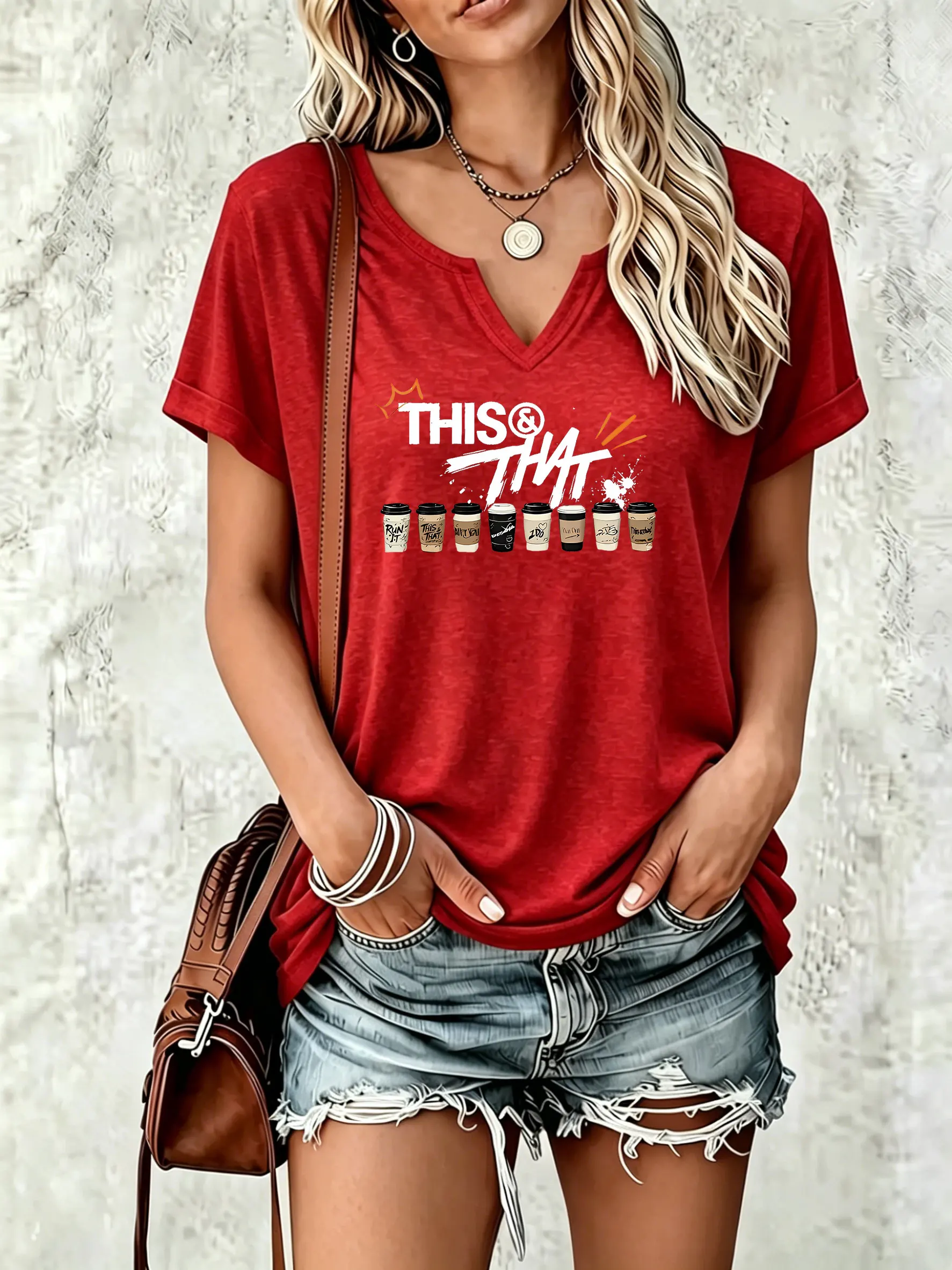 Women's V‑Neck Short Sleeve T‑Shirt, Coffee Cup Collection Print with Splash Graffiti Decor Casual Summer Tee