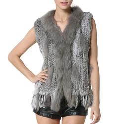 Women Winter Autumn Classic Fur Vest Real Rabbit Fur Knit Vest With Raccoon Fur Collar