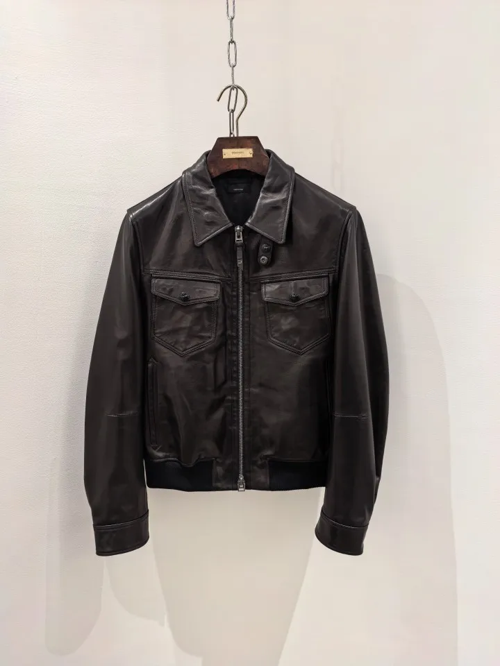 TF Men Lamb Leather Jacket 2026 New Turn Down Collar Zipper Front Big Pocket Horn Button Warm Coat