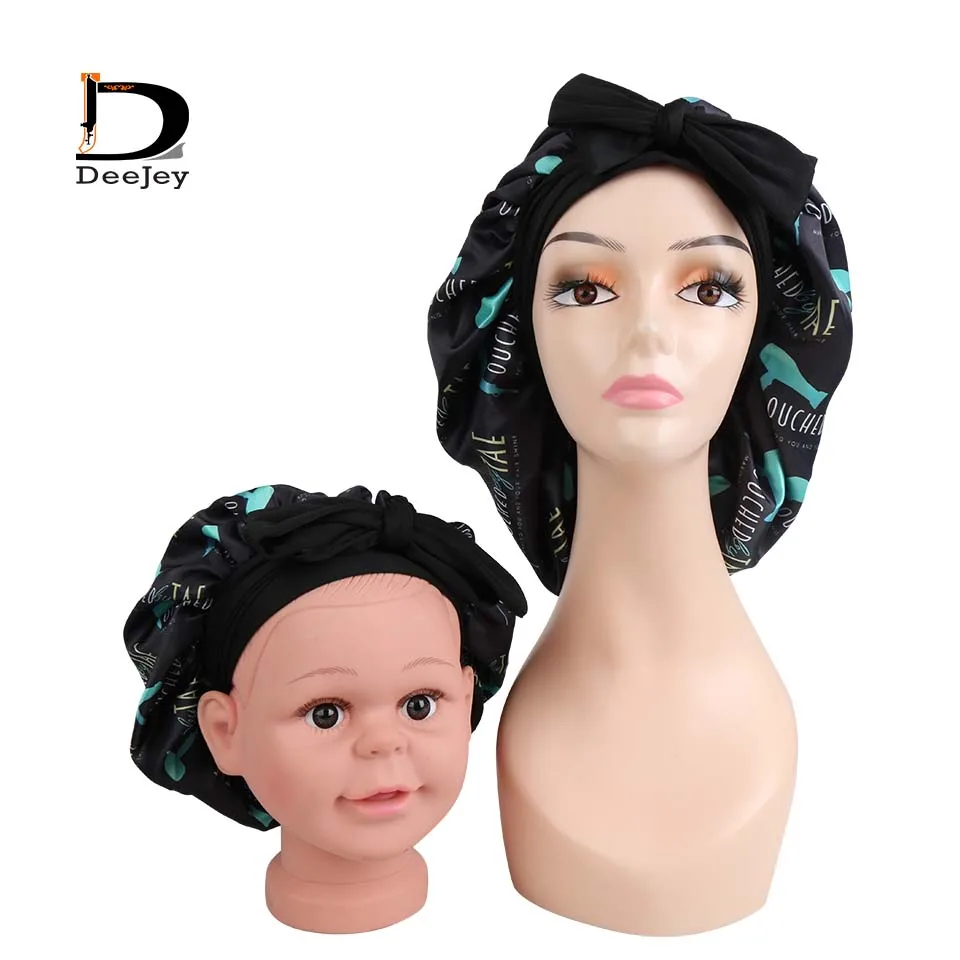 

Luxury style Custom logo printing mother and daughter satin silk double layer bonnet with long band tie for virgin hair