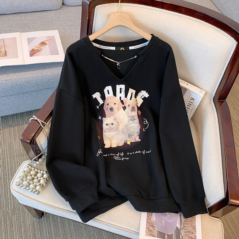 160Kg Plus Size Women's Bust 167 Autumn Cartoon Long Sleeved Neck Sweatshirt Black Apricot 6XL 7XL 8XL 9XL 10XL