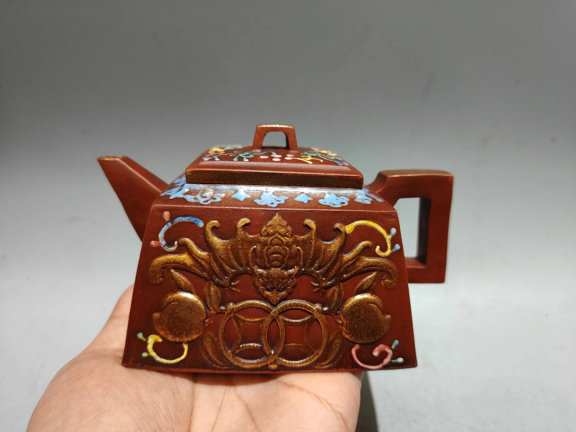 Old Chinese Handcraft Enameled  YiXing Zi Sha Clay  (red stoneware) Teapot,Gold-inlaid and Color-dotted Longevity and Happiness