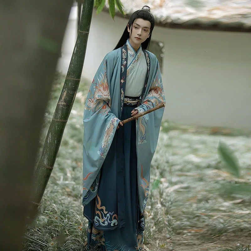 Hanfu Set kerah silang pria, Hanfu gaya Cina baru musim semi gaya Wei Jin siswa Ksatria lengan besar kinerja panggung