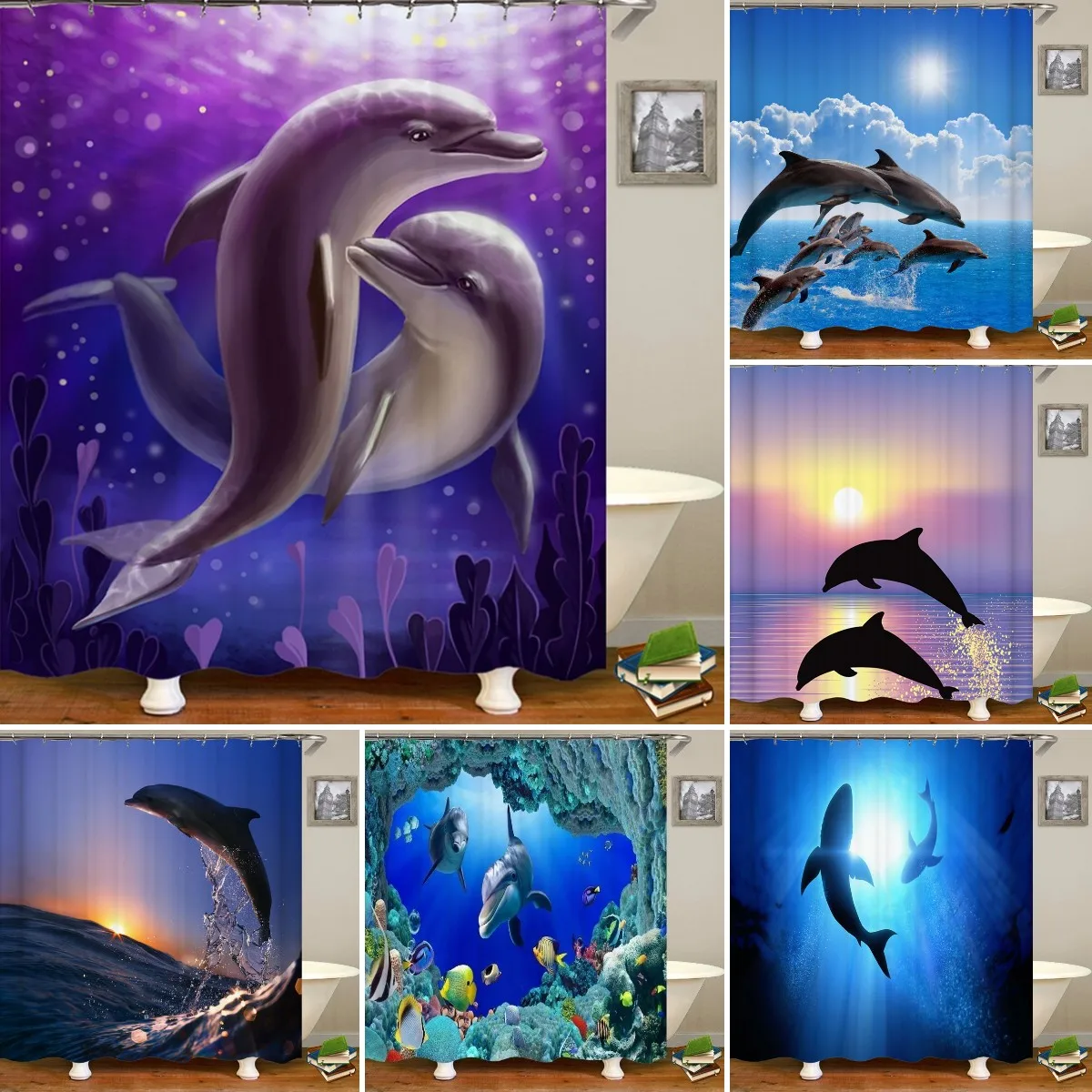 2D Dolphin Ocean Underwater World Shower Curtain Sunset Sea Wave Coral Marine Animal Print Waterproof Fabric Bathroom Curtain Wi