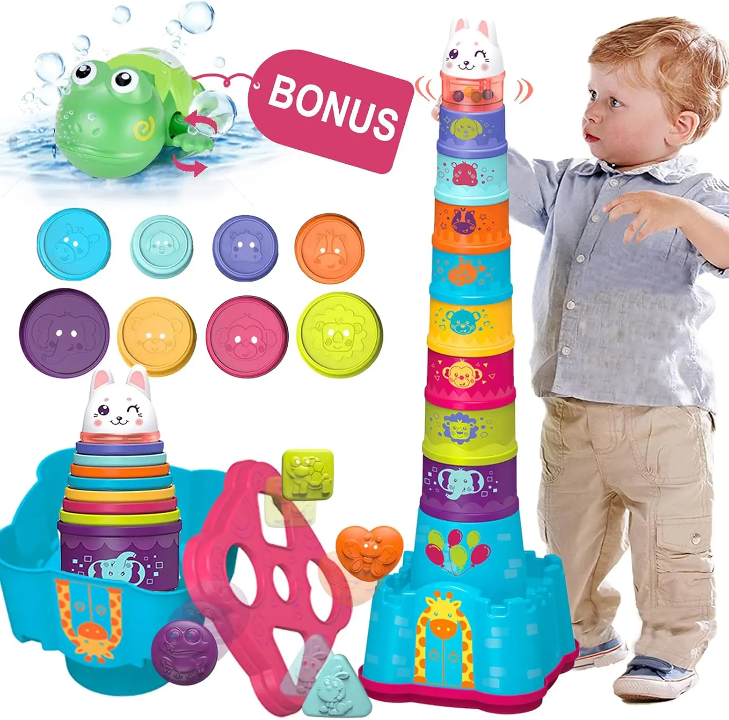 

Baby Stacking Toys for Toddlers 1-3 Years, Nesting Cups with Shape Sorter and Blocks, Educational Gift for Boys and Girls