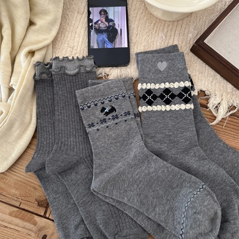 1 paire automne hiver nouveau Style coréen dentelle nœud chaussettes pour femmes coton court Coquette chaussettes gris décontracté chaussettes lâches de haute qualité