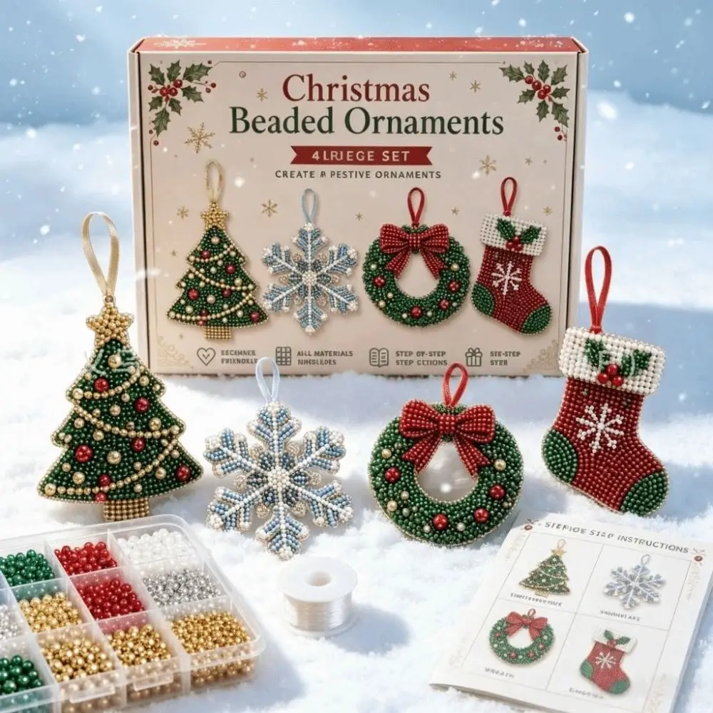 4-Piece Set Christmas Beaded Ornaments Kit Snowflake Design Wreath Design Beading Craft Set Christmas Themed Beginner Friendly