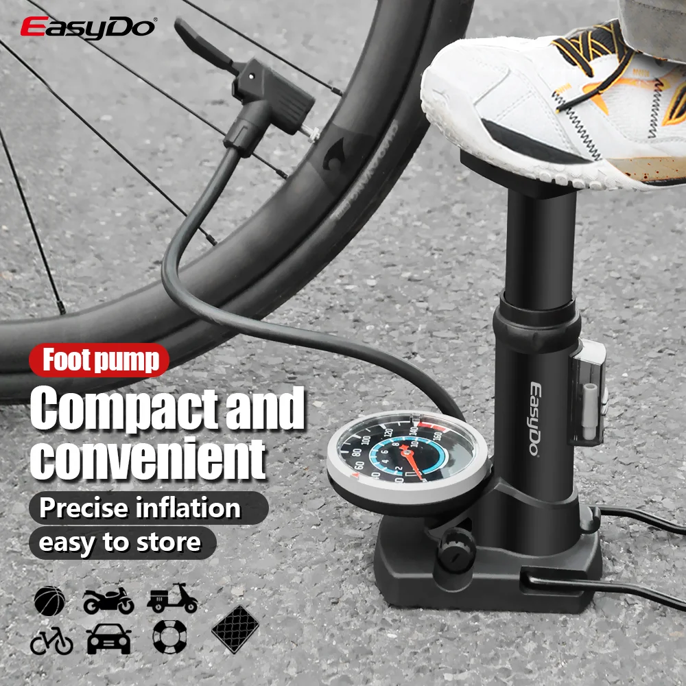 Easydo Bicycle Mini Pump with Pressure Guage AV FV Bike Foot Pedal Tire Inflator 80PAI Poratale High Pressure Balloon Air Pump