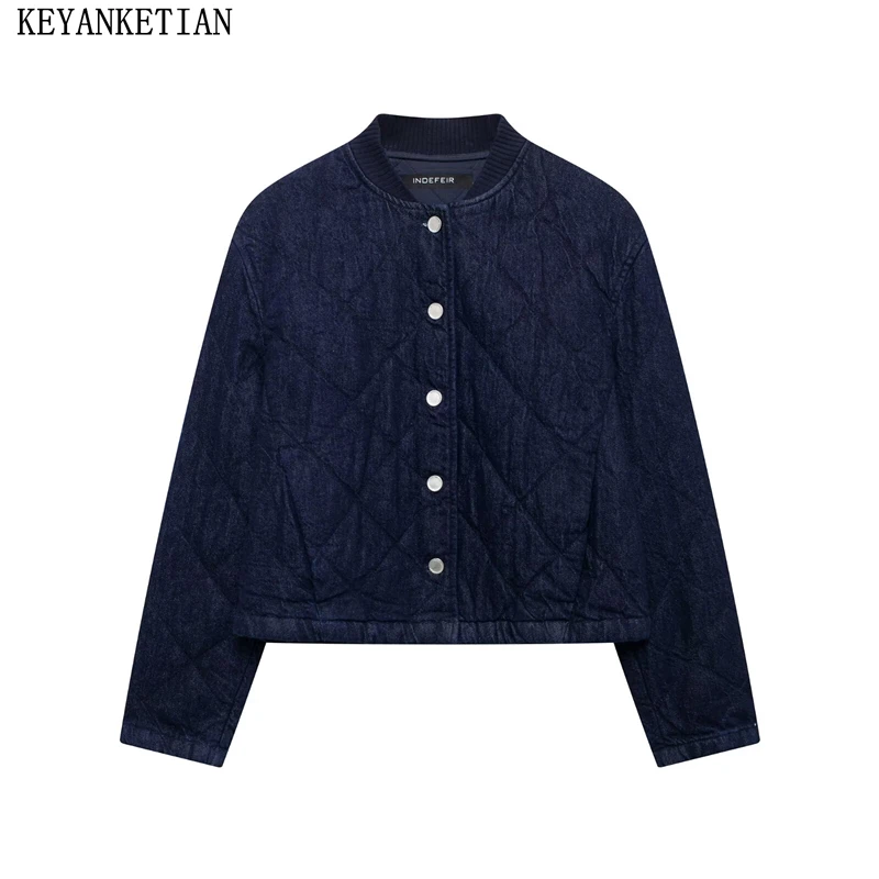 KEYANKETIAN 2024 Winter New Women's Denim padded jacket Retro style Argyle Quilted Single Breasted Cropped Blazer Greatcoat Top