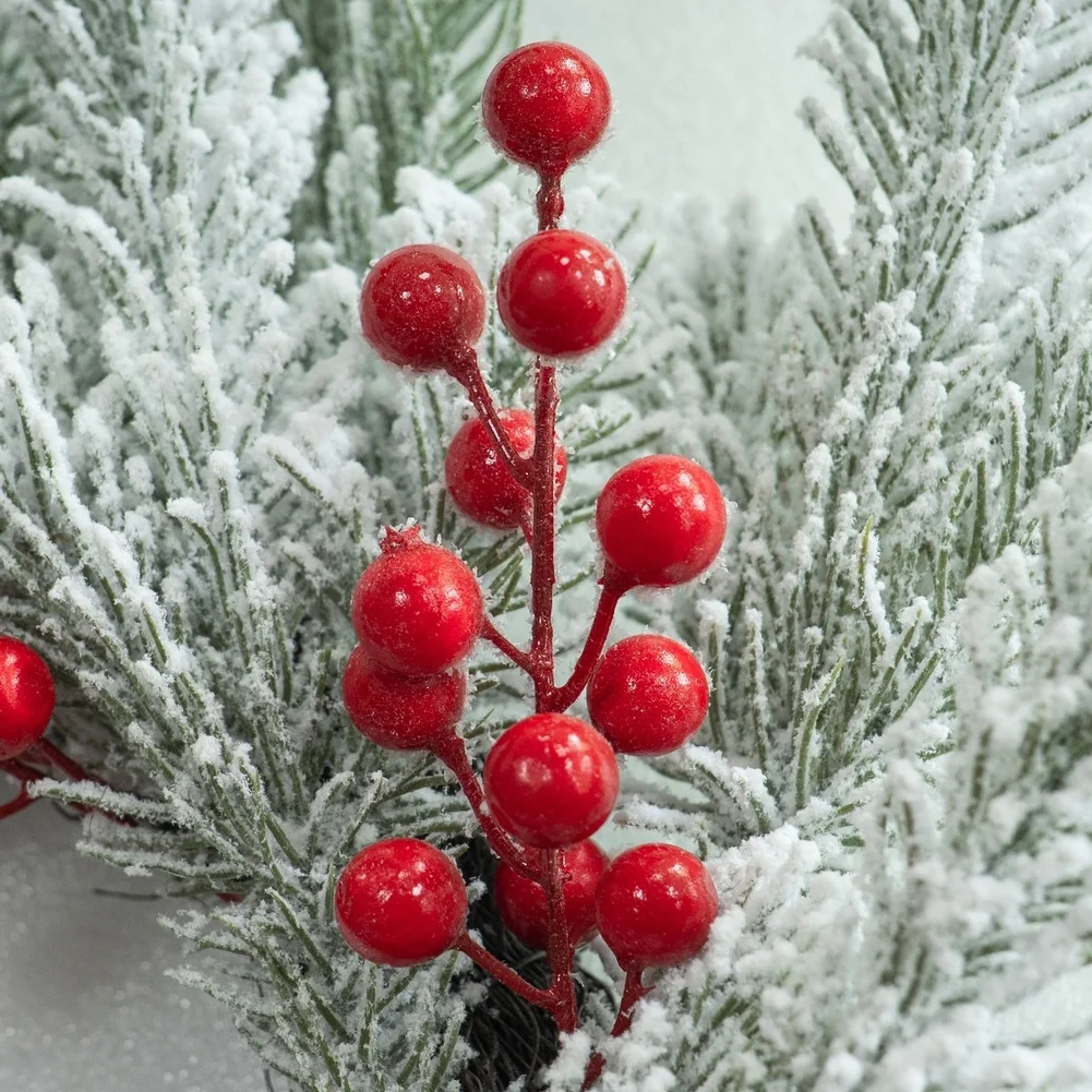 Flocked Artificial Pine Branches with Red Berries for Outdoor Patio Garden Decor Christmas Winter Home Decoration 22 inch