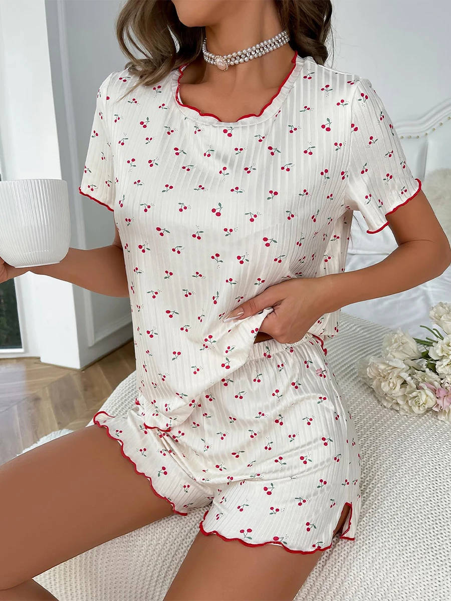 

Women Soft 2 Piece Pajama Set Cherry Print Cute Frill Short Sleeve Tops Elastic Waist Short Outfits Homewear Loungewear