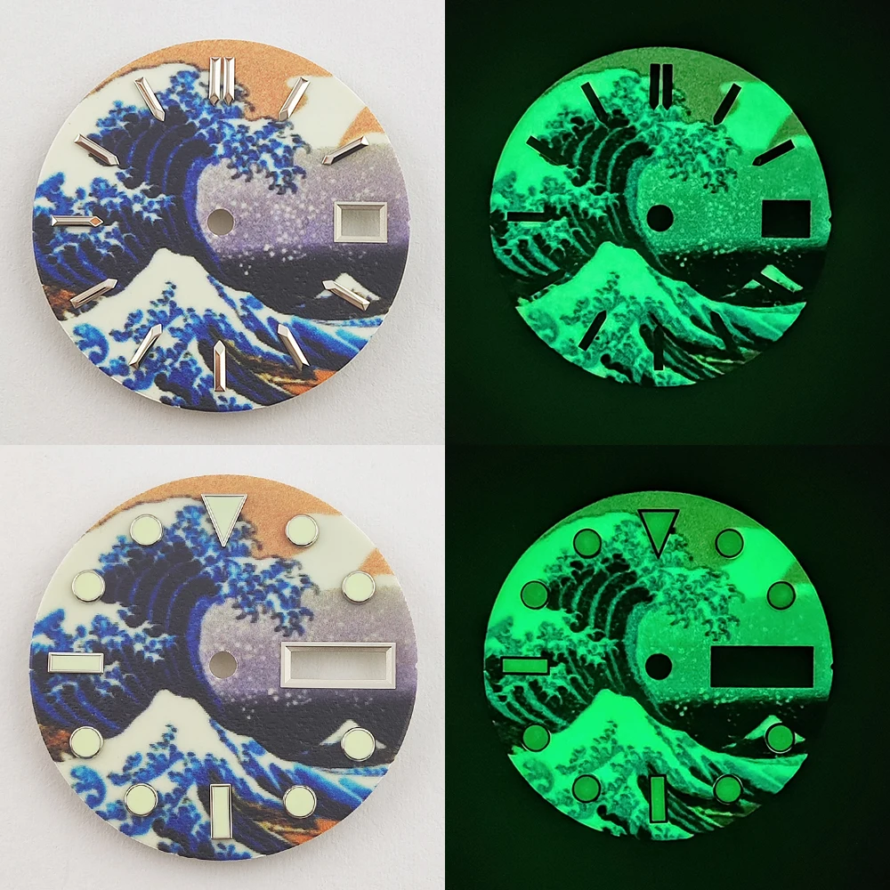 28.5mm Kanagawa Wave Sterile Dial Watch Dial nh35 Dial Super Green Luminous Watch Face nh35 Fit NH35/36 Movement Watch Parts