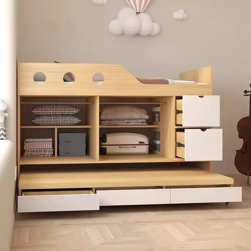 Small Apartment Kids Half Height Bed with Storage Upper Lower Bunk Cabinet Integrated Parent Child Bed with Pull Out Trundle