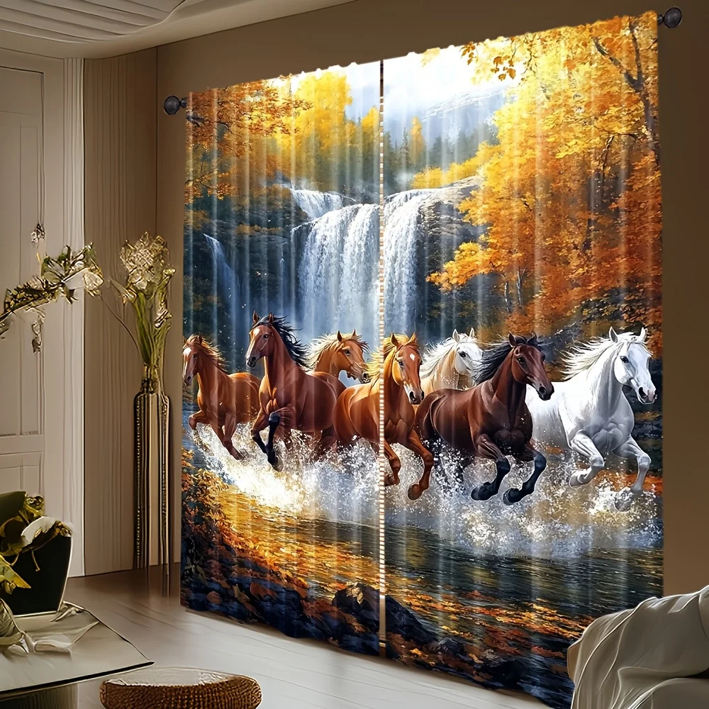 2 Panels Running Horses Curtains, Autumn Waterfall Landscape Print, Dynamic Animal Scenery Drapes for Living Room Decor
