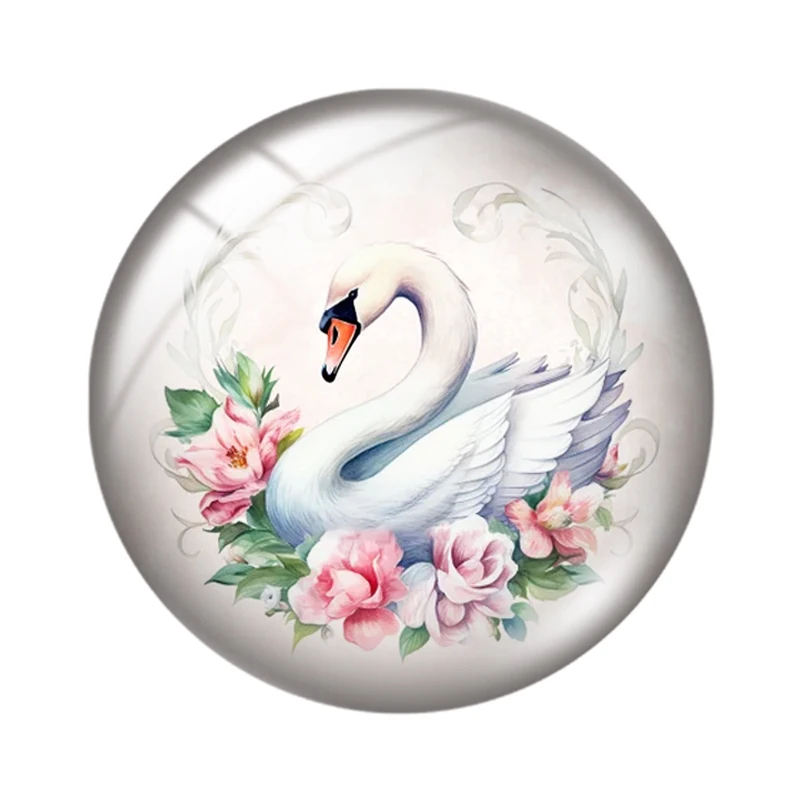 White swan birds love flowers 10pcs mixed 12mm/18mm/20mm/25mm Round photo glass cabochon demo flat back Making findings