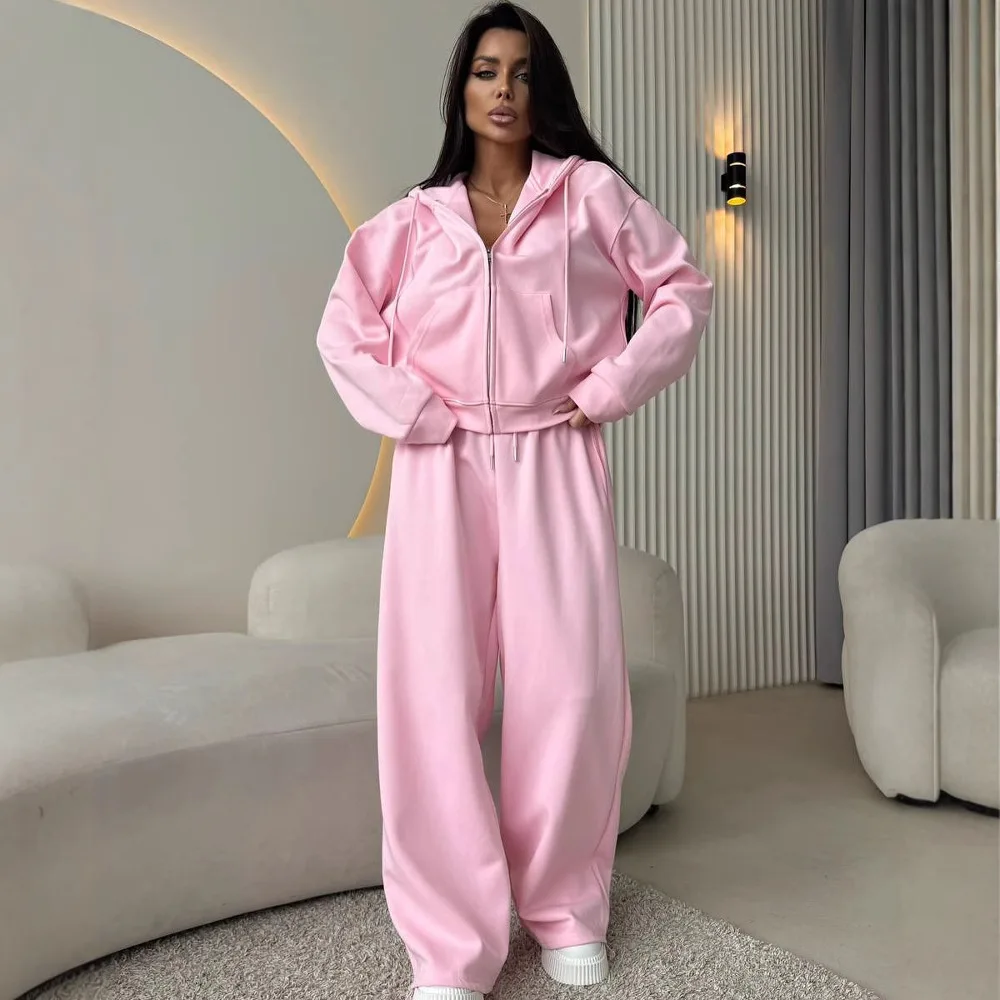 

Women's Matching Sets Solid Color Sports Suit Long-sleeved Zipper Cardigan Hooded Sweater Lace-up Trousers Two-piece Set