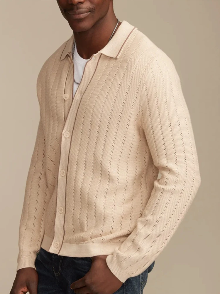 2026 Spring Autumn Casual Knit Shirts Mens Long Sleeve Button Turn-down Collar Cardigans Men Fashion Hollow Out Knitting Shirt