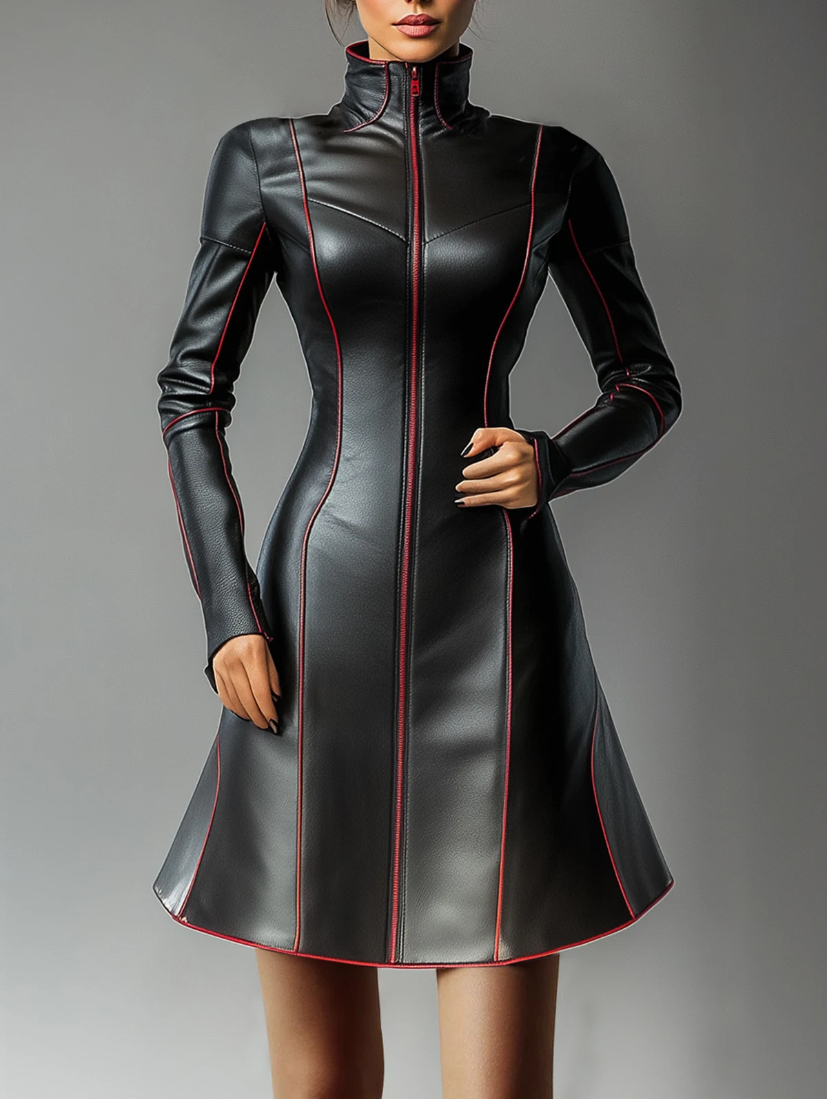 PU-Lederkleider für Damen, Stehkragen, Reißverschluss, Kontrastbindung, Minikleid, Damen, langärmelig, elegantes A-Linien-Kleid, Streetwear-Oberteil
