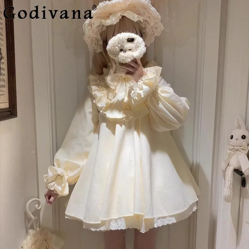

Japanese Style Sweet Design Girl Dress Autumn Lolita Doll Elegant Princess Dress Women's Daily Wear Ruffled Short Dress