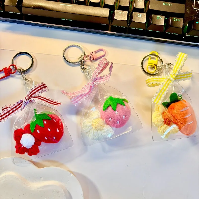 1 Piece Unique Kawaii Strawberry Carrot Keychain Holder with Ribbon Cute Schoolgirl Ita Bag Clip Charm Hanging Decor for Girls