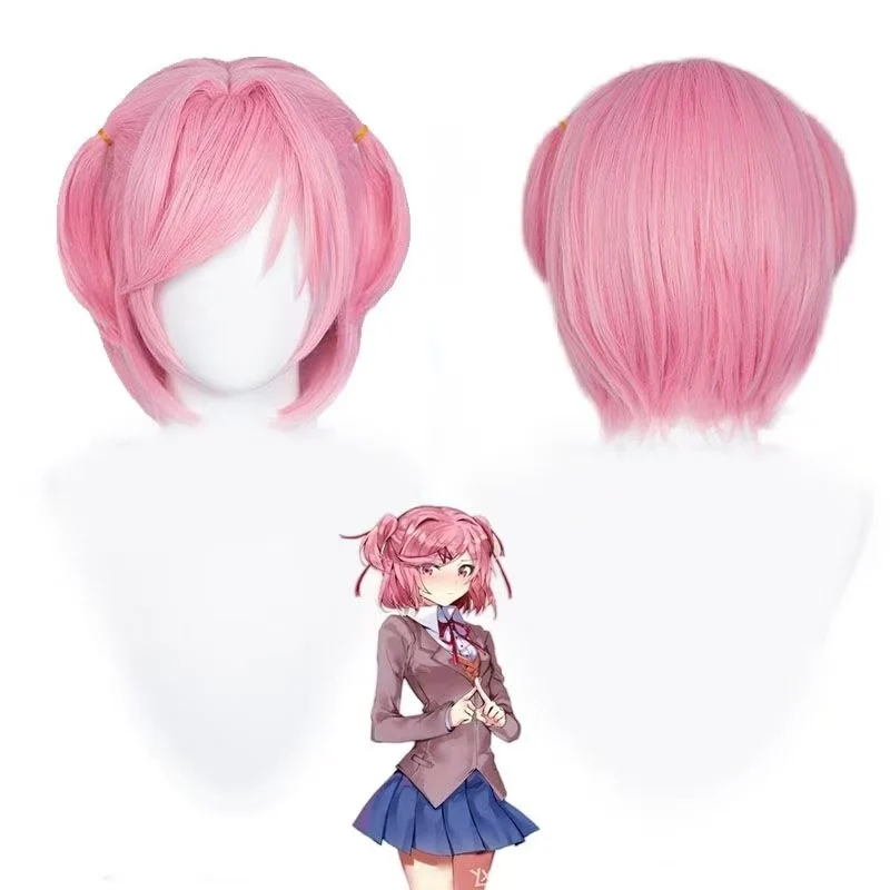Doki Doki Literature Club Natsuki Cosplay Wig Pre-Tied Pink Double Bun Short Hair Ready Style No Trimming Anime Costume Wig