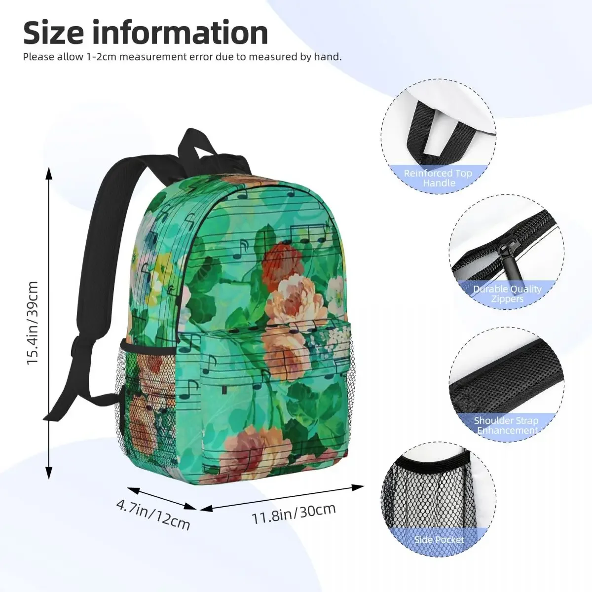 Colorful Flowers And Roses Infused With Music Sheet Backpacks Teenager Bookbag Cartoon School Bags Laptop Rucksack Shoulder Bag