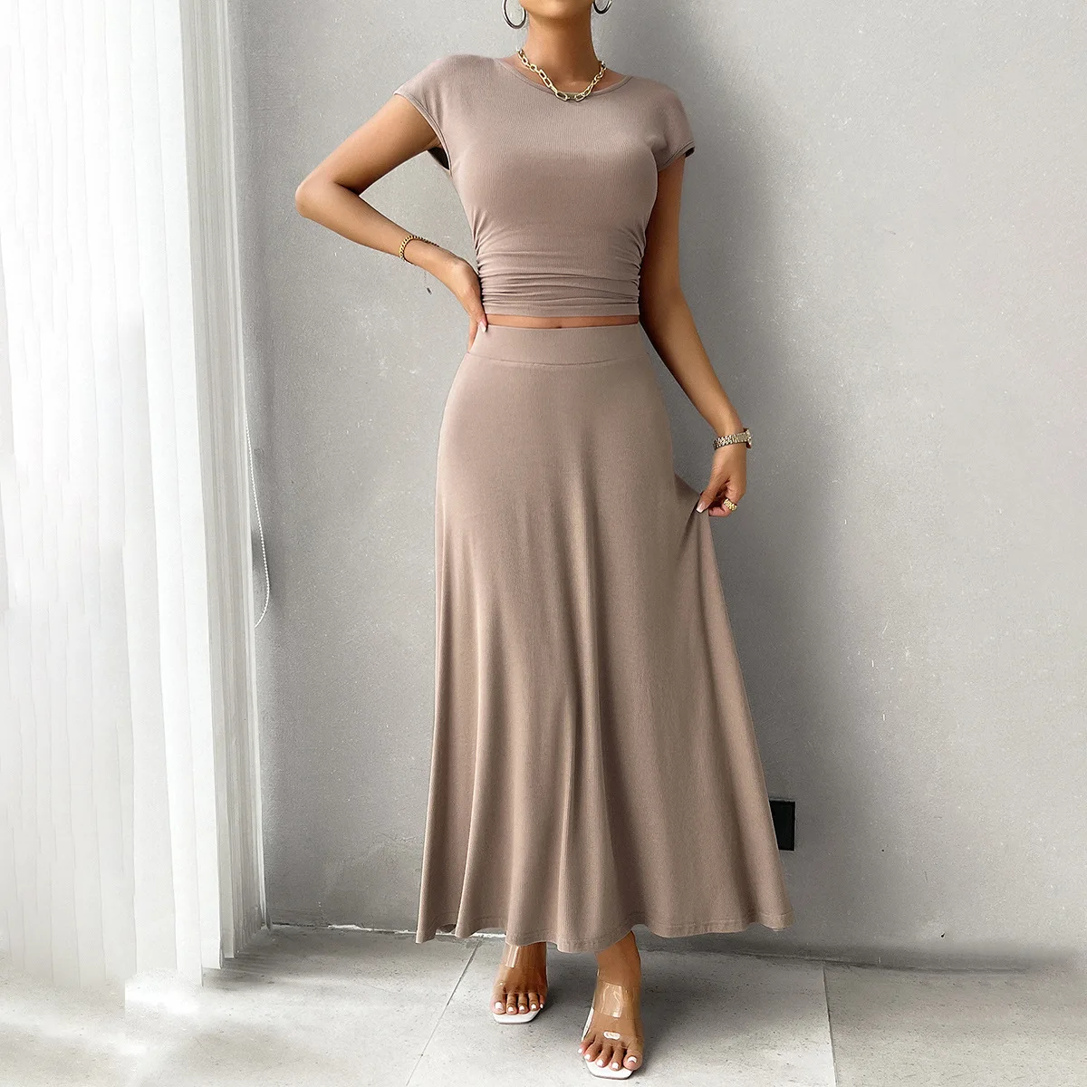 2025 Spring and Summer Short Sleeved Women's Clothing Style Slimming Solid Color Short Sleeved Long Skirt Two Piece Set Dress