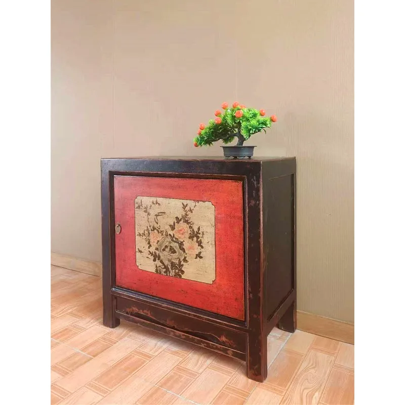 Retro Chinese solid wood dining side cabinet, flower painted locker, living room decorative cabinet