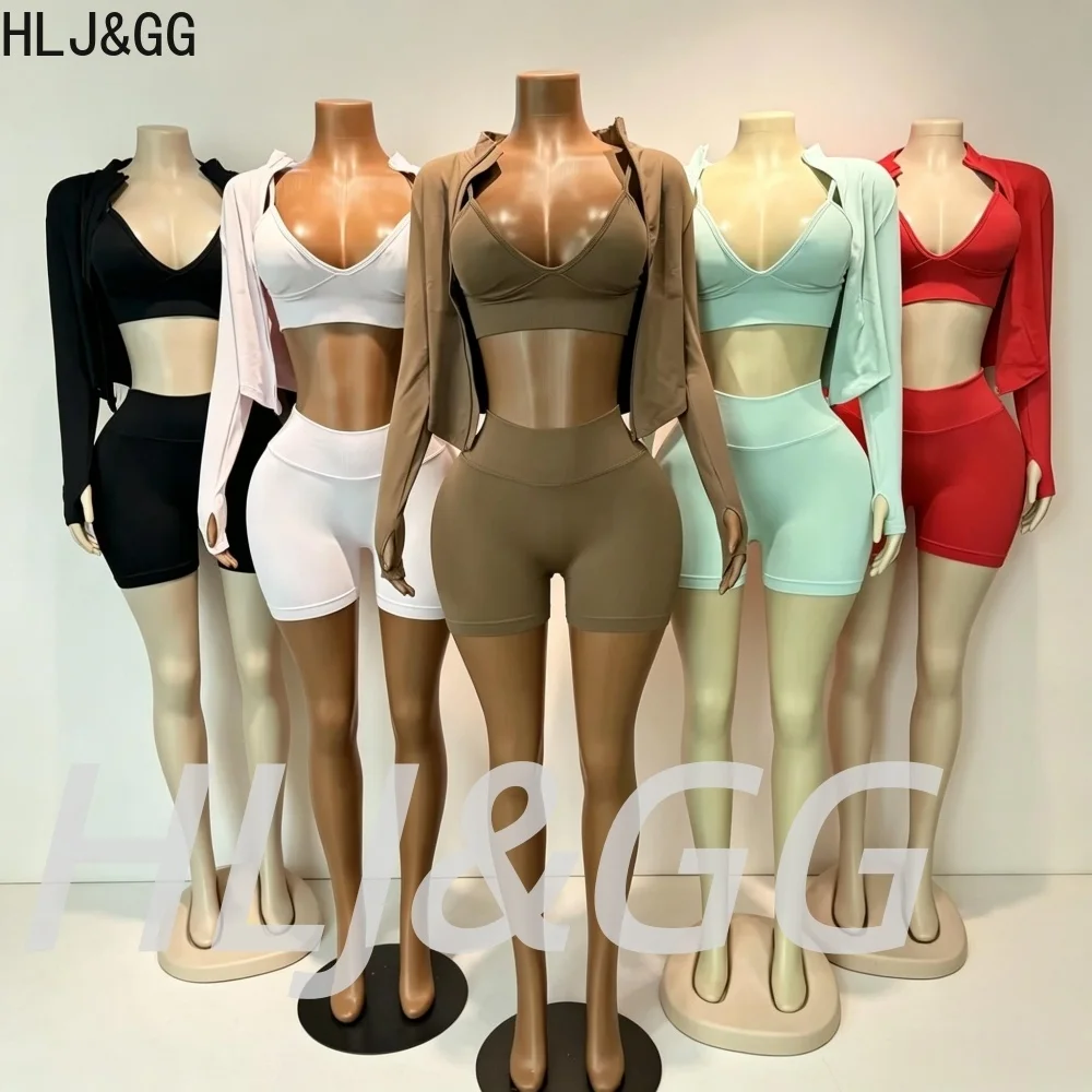 HLJ&GG Ensemble 3 pièces pour femme, veste sportive à fermeture éclair de haute qualité à manches longues + gilet + short, tenues décontractées pour femme, costumes de yoga unis