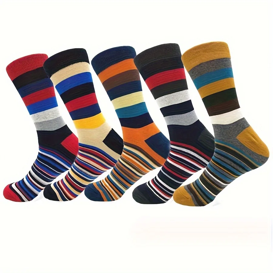 5 Pairs Autumn and Winter New Men\'s Socks Stripe Contrast Color Fashion Retro Trendy Ins Style Sports Leisure Tube Socks