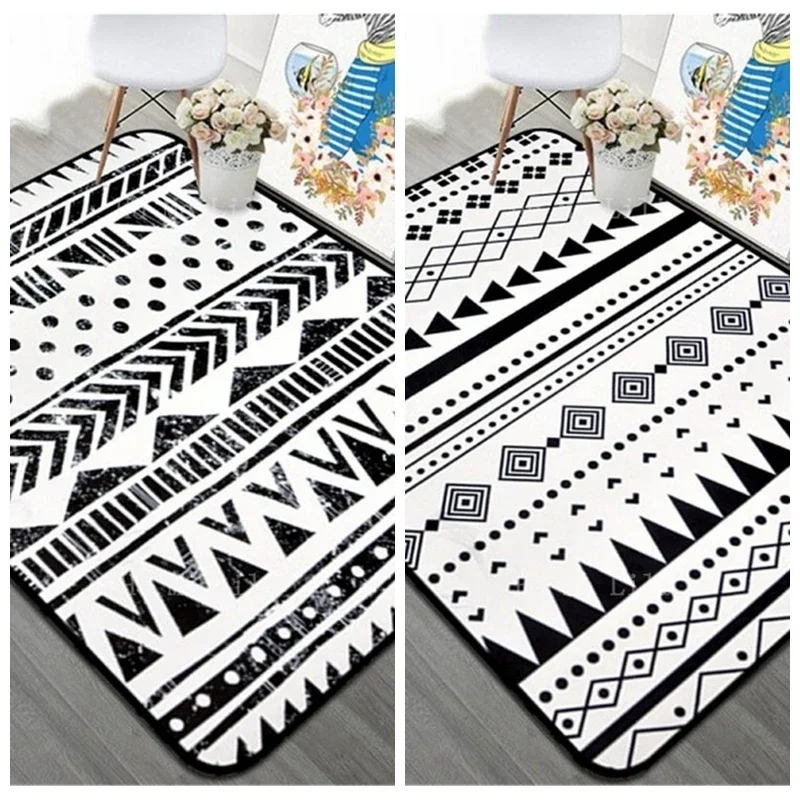 Nordic Black White Geometric Ethnic Carpet Anti Slip Flannel Floor Rugs Soft Kids Playing Carpets For Living Room Bedroom